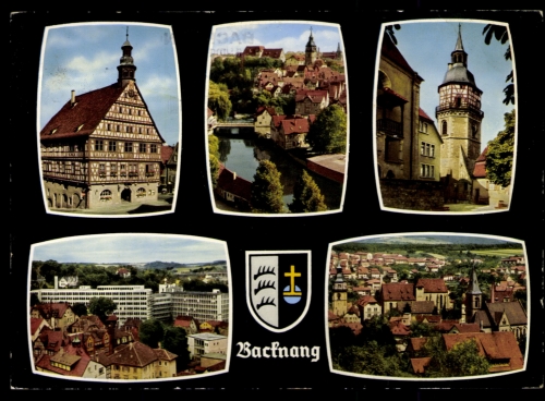 Backnang/Württ., Rathaus, Kirche, Murrpartie, Stadtturm, Wappen