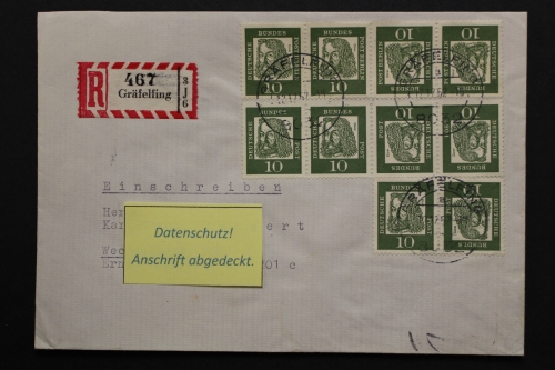 Deutschland, MiNr. 350y und Berlin MiNr. 202, 10 Marken aus ZD-Bogen, Brief