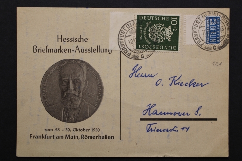 Deutschland, MiNr. 121 auf Postkarte, gelaufen ab Frankfurt nach Hannover