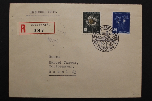 Schweiz, MiNr. 427, R-Brief mit Zusatzfrankatur, 1943