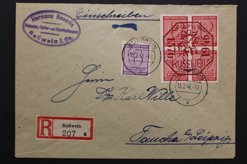Roßwein, MiNr. 2 + SBZ 6 Pf auf R-Brief nach Taucha, 15.2.46