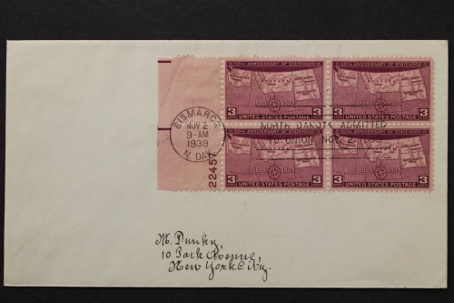 USA, MiNr. 454, Viererblock, linker Rand Plattennummer, FDC
