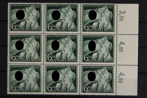 Deutsches Reich, MiNr. 843 PLF I, 9er Block, re. Rand, postfrisch