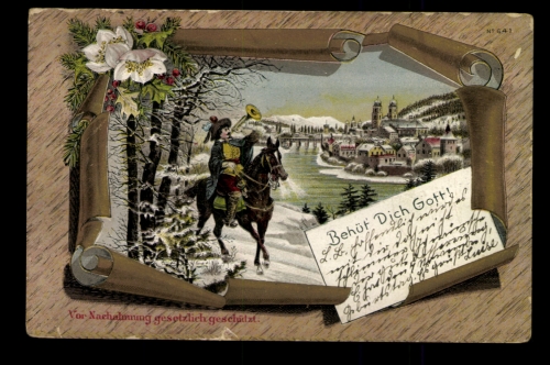 Reiter mit Trompete, Winterlandschaft am Fluß, Behüt Dich Gott!