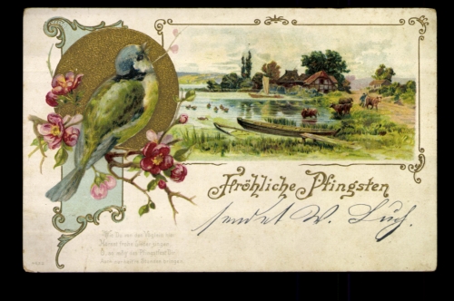Fröhliche Pfingsten, Haus am See, Karte mit Vers