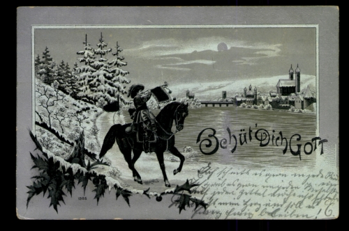 Reiter mit Trompete vor einem See/Stadt