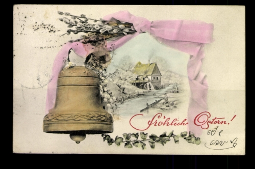 Fröhliche Ostern, Glocke, Wassermühle, Angler