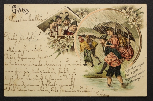 Mann trägt Frau mit Regenschirm, Vers: Gestern hat's geregn't Heut ...