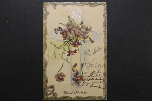 Fröhliche Ostern, Kreuz, Blumen, Prägekarte