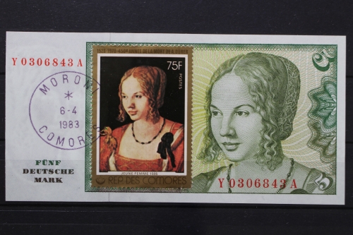 Komoren, MiNr. 403 auf 5 DM Banknote, gestempelt