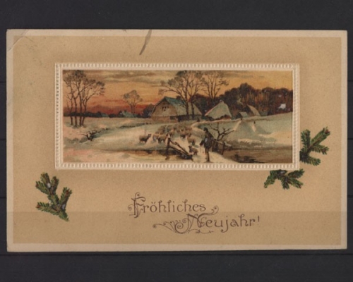 Fröhliches Neujahr, Schäfer mit Herde in Winterlandschaft