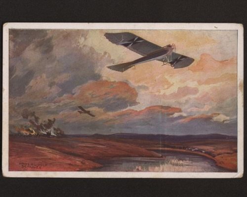 Militärtaube auf Erkundungsflug, Gemälde von Prof. R. Schulze