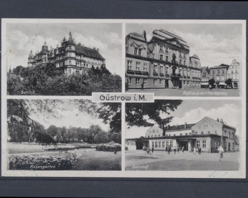 Güstrow, i. M., Schloß, Bahnhof, Rathaus mit Marktplatz ...