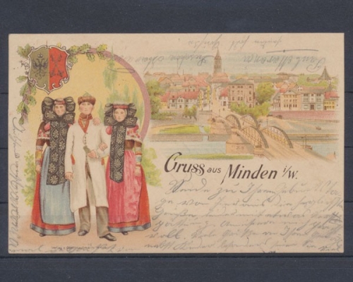Minden, Ortsansicht, Trachtengruppe, Karte mit Wappen