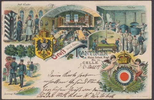 Celle, 2. Hann. Infant. Regt. Nr. 77, auf Wache, die Kantinen, Sonntag Nachmittag, Karte mit Wappen