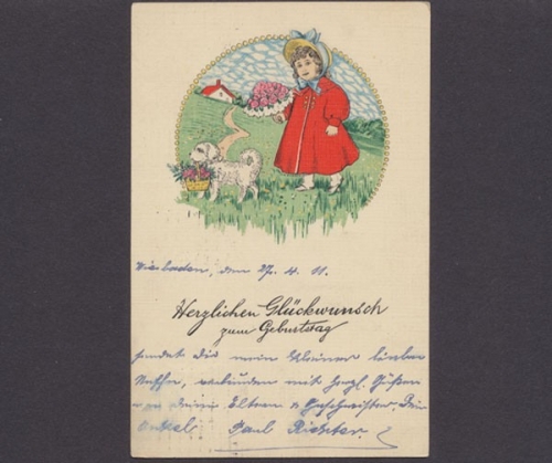 Mädchen mit Rosenstrauß u. Hund mit Blumenkorb, Geburtstagsglückwünsche