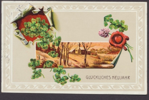 Glückliches Neujahr, Winterlandschaft und Glücksklee
