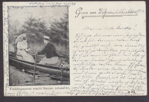 Liebespaar im Ruderboot, Karte mit Spruch