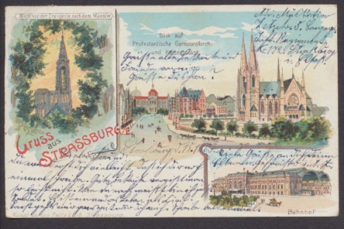 Strassburg, Blick auf Protestantische Garnisonskirche u. Kaiserpalast, Bahnhof