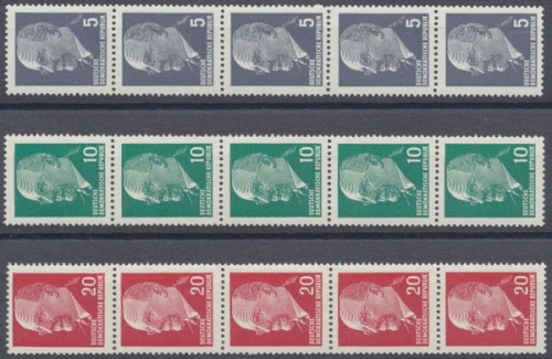 DDR, Michel Nr. 845 R, 846 R und 848 R, 5er Streifen, postfrisch
