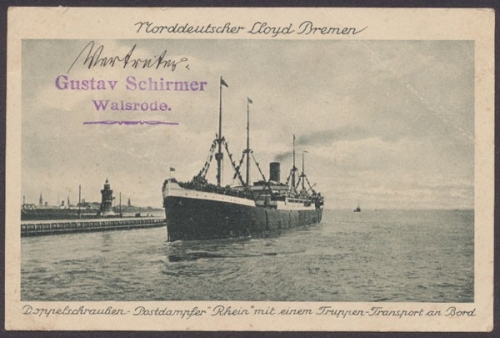 Nordd. Lloyd Bremen, Doppelschrauben-Postdampfer "Rhein" mit einem Truppentransport an Bord