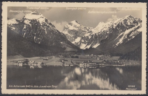 Achensee, Blick über den See zu den Bergen, Stanzerjoch, Tristenkopf, Sonnjoch, Bettlerkarspitze