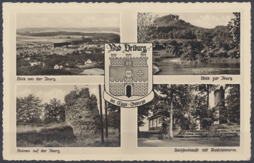 Bad Driburg im Eggegebirge, Blick von u. zur Iburg, Sachsenklause mit Aussichtsturm, Stadtwappen