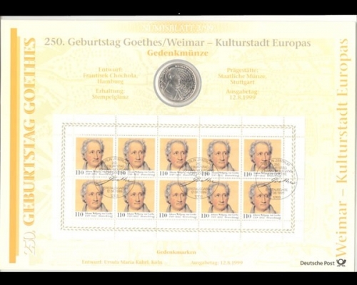 BRD, Numisblatt 3/1999, Goethe / Weimar - Kulturstadt Europas