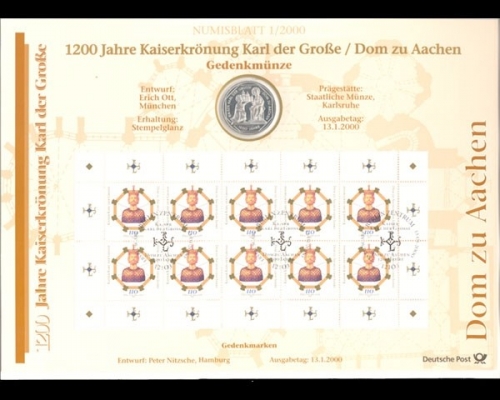 BRD, Numisblatt 1/2000, Karl der Große / Dom zu Aachen