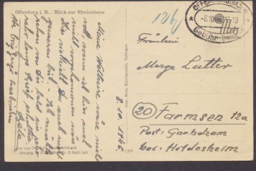 Offenburg, "Gebühr Bezahlt" Stempel v. 8.10.1946 auf AK Blick zur Rheinebene