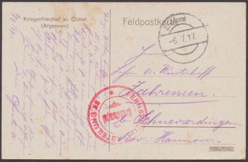 Feldpostkarte, roter Stempel Fernsprechabteilung aus dem Jahr 1917 Code: 3,4