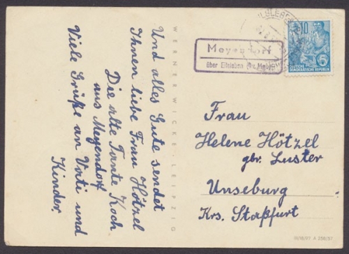 Meyendorf über Eilsleben, Landpoststempel auf AK, ca. 1958