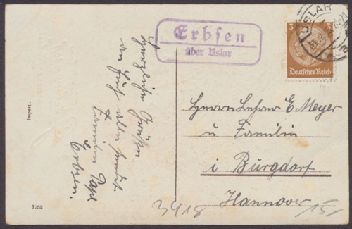 Erbsen über Uslar, Landpoststempel auf Bedarfskarte, 1935