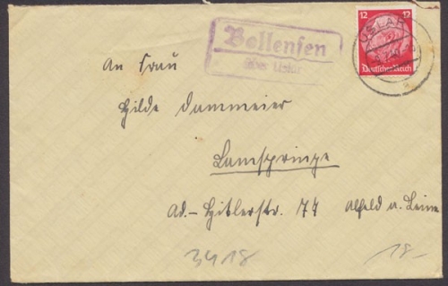Bollensen über Uslar, Landpoststempel auf Brief, 1940