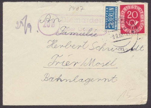 Diemarden über Göttingen, Landpoststempel auf kleinen Brief, 1952