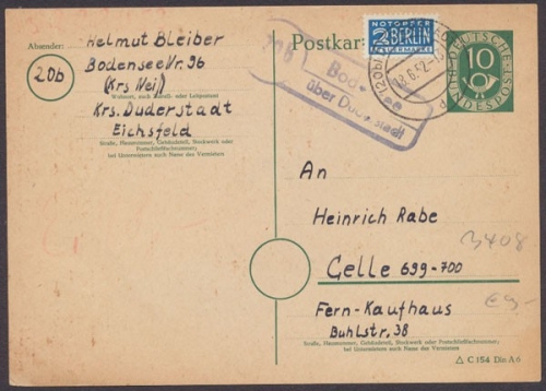 Bodensee über Duderstadt, Landpoststempel auf Ganzsache, 1952