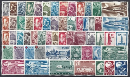 Franz. Zone Baden, MiNr. 1-57, komplettes Gebiet ohne 46 II, postfrisch