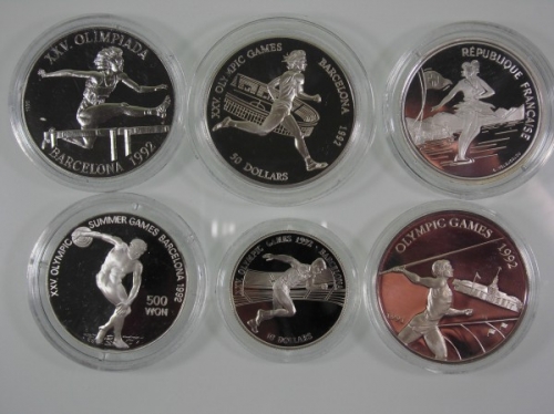 Olympische Spiele 1992, 6 verschiedene Silbermünzen in PP