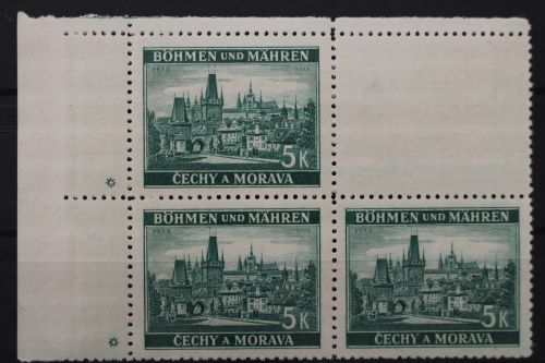 Böhmen & Mähren, MiNr. 35, 3 Marken, Ecke li. oben, Leerfeld u. Sterne, postfrisch