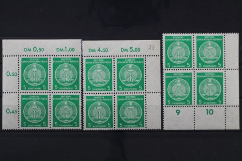 DDR Dienst A, MiNr. 34 A, Viererblöcke Ecke 1, 2,4, postfrisch