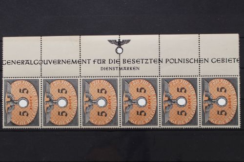 Generalgouvernement Dienst, MiNr. 15, 6er Streifen mit Rand, Hoheitszeichen, postfrisch
