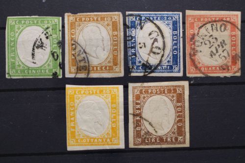 Sardinien, MiNr. 10-12, 14-15 gestempelt, Nr. 13 ungebraucht