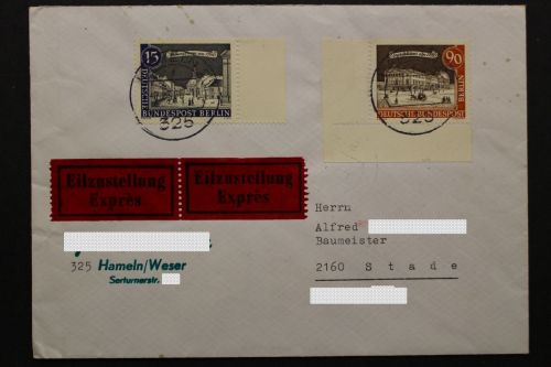 Berlin, MiNr. 228, Ecke links unten und 15 Pf. auf Eilbotenbrief