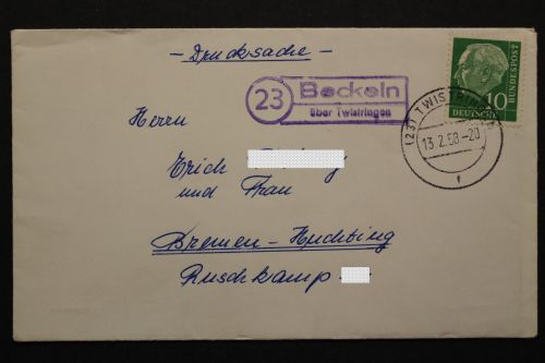 Beckeln über Twistringen, Landpoststempel, 13.2.58