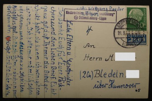 Schwalenberg, Kindererholungsheim, 2-zeiliger Stempel auf Ansichtskarte
