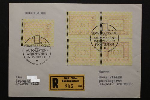 Österreich ATM, MINr. 1, 5 Werte auf R-Brief, FDC