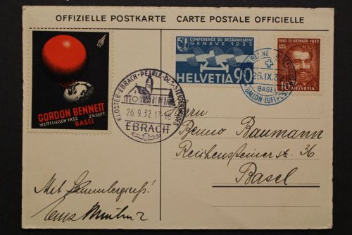 Schweiz, MiNr. 258 auf G. Bennett Ballon Karte, 1932