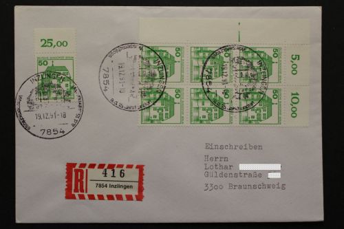 Berlin, MiNr. 615 A, 6er Block Ecke li. oben + Einzelwert auf R-Brief