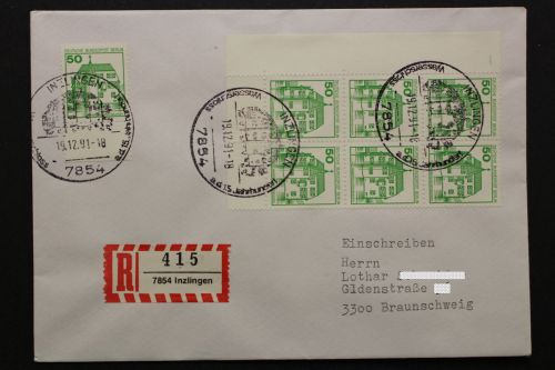Berlin, MiNr. 615 A, 6er Block, Ecke li. unten + Einzelwert auf R-Brief