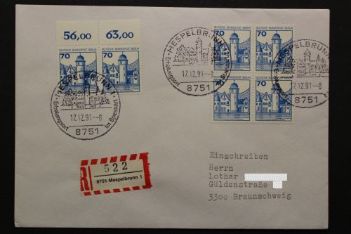 Berlin, MiNr. 538 waagerechtes Paar + Viererblock auf R-Brief